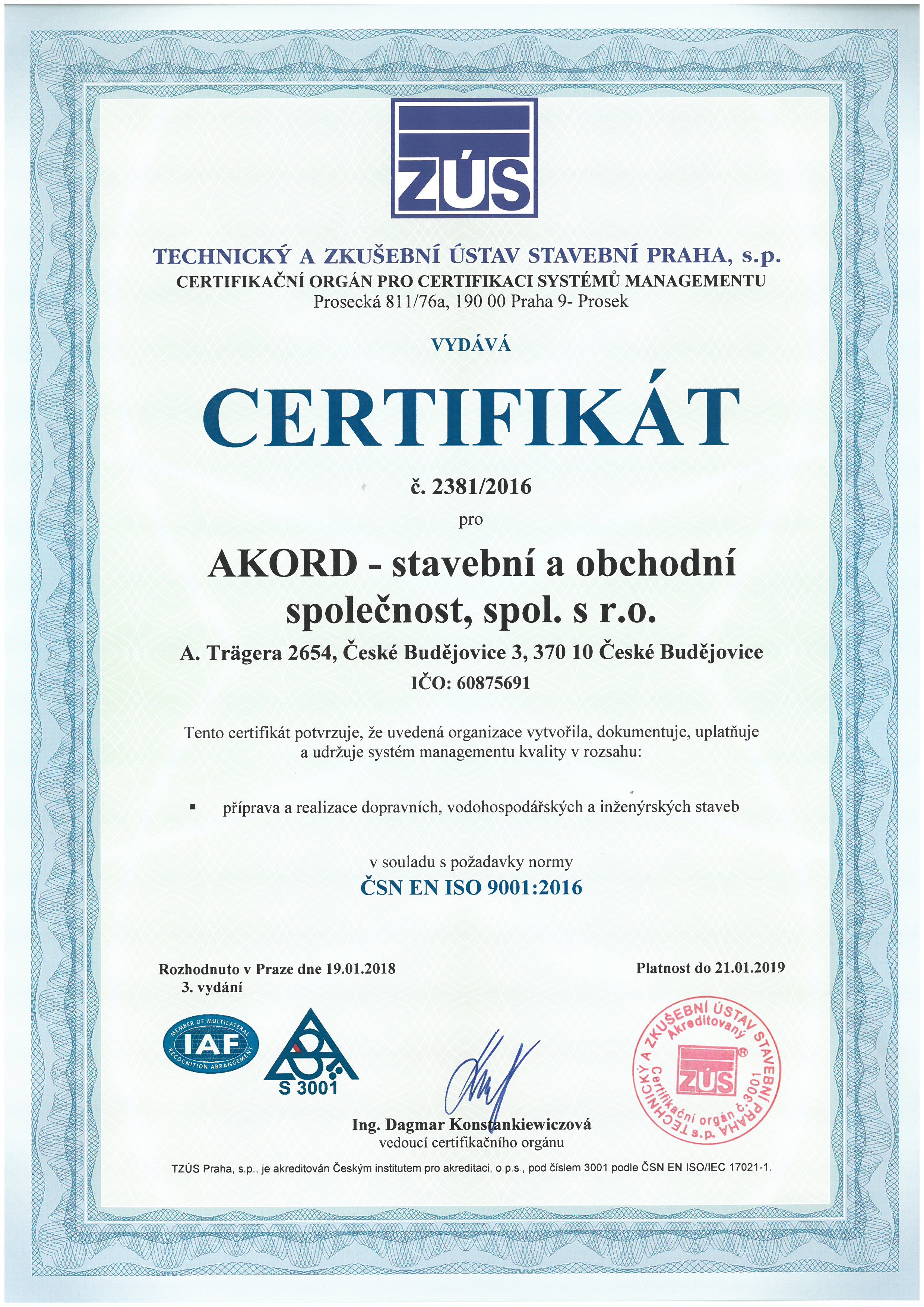Certifikát 9001:2016